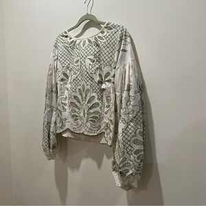 Anthropologie White and Green Embroidered Blouse